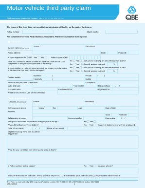 Motor vehicle third party claim