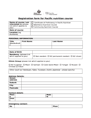 Registration form for Pacific nutrition course