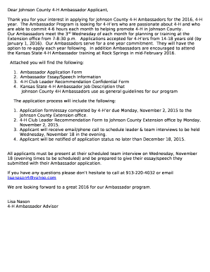 Dear Johnson County 4-H Ambassador Applicant,