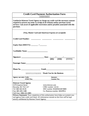 I authorize Kintrust Travel Agency to charge my credit card the necessary amount required to process my order to receipt of air ticket(s) and/or purchase travel services