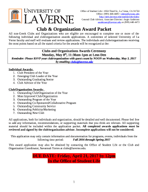 Club & Organization Award Packet