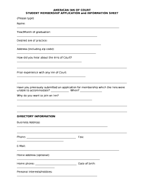 STUDENT MEMBERSHIP APPLICATION and INFORMATION SHEET