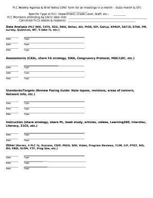 PLC Weekly Agenda & Brief Notes (ONE form for all meetings in a month state month & SY):