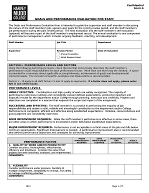 The Goals and Performance Evaluation form is intended to guide the supervisor and staff member in discussing the nature of the staff members job, agreed upon goals for the coming review period, and the staff members job performance during