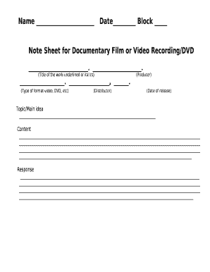 Note Sheet for Documentary Film or Video Recording/DVD