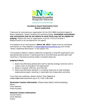 Thank you for nominating an organization for the 2012 MNN Excellence Award in Board Leadership