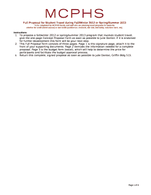 To propose a fall/winter 2012 or spring/summer 2013 program that involves student travel, give the one-page Concept Proposal Form as soon as possible to Julie Donlon