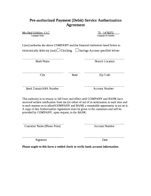 Pre-authorized Payment (Debit) Service Authorization Agreement