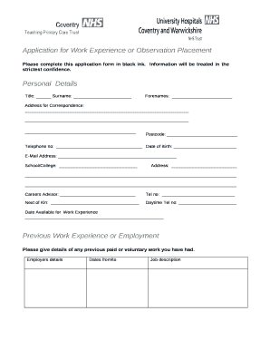 Application for Work Experience or Observation Placement