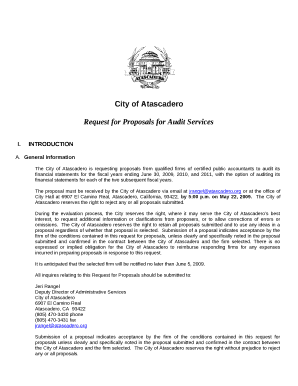 The City of Atascadero is requesting proposals from qualified firms of certified public accountants to audit its financial statements for the fiscal years ending June 30, 2009, 2010, and 2011, with the option of auditing its financial
