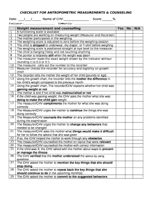 CHECKLIST FOR ANTROPOMETRIC MEASUREMENTS & COUNSELING