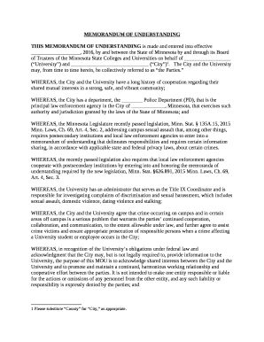 THIS MEMORANDUM OF UNDERSTANDING is made and entered into effective, 2016, by and between the State of Minnesota by and through its Board of Trustees of the Minnesota State Colleges and Universities on behalf of (University) and (City)1