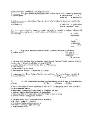 SOCIOLOGY 2000 EXAM #1 SAMPLE QUESTIONS