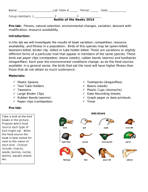 Pre-lab:Fitness, natural selection, environmental changes, variation, descent with modification, resource availability