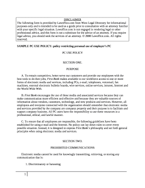 SAMPLE PC USE POLICY: policy restricting personal use of employers PC