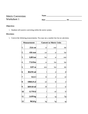 Metric Conversion Worksheet 1 - Fill and Sign Printable Template Online