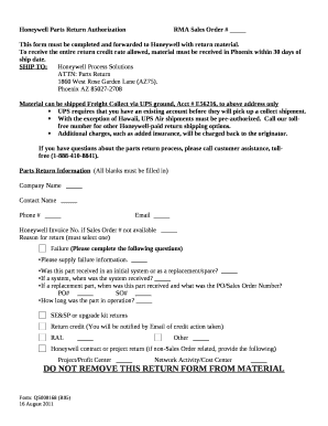 Honeywell Parts Return AuthorizationRMA Sales Order #