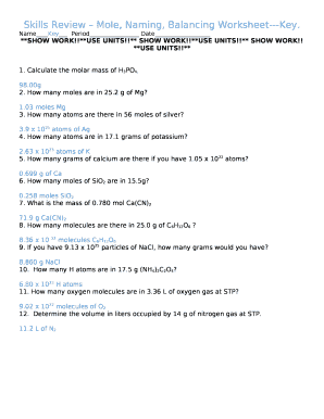 Skills Review Mole, Naming, Balancing Worksheet---Key