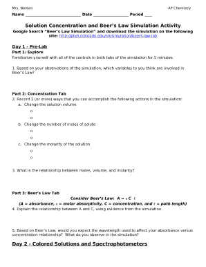 Solution Concentration and Beers Law Simulation Activity