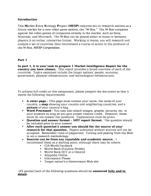 This Market Entry Strategy Project (MESP) requires you to research nations as a future market for a new video game system, the M-Box