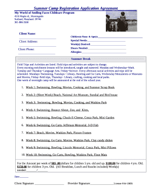 Summer Camp Registration Application Agreement