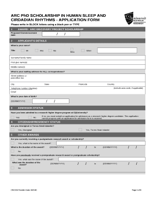 ARC PhD SCHOLARSHIP IN HUMAN SLEEP AND CIRDADIAN RHYTHMS - APPLICATION FORM