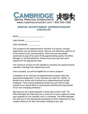 Dental receptionist Apprenticeship Checklist