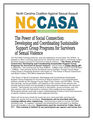The NCCASA Training Institute, with the assistance of local host, Our VOICE, is pleased to offer a training opportunity for advocates who wish to coordinate and/or facilitate support groups for survivors of sexual violence