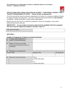 APPLICATION FOR A REALLOCATION OF DUTIES * / ADDITIONAL DUTIES * FOR A TAUGHT PROGRAMME OF STUDY*Please delete as appropriate