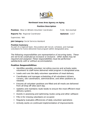 Position:Meal on Wheels Volunteer CoordinatorFLSA:Non-exempt