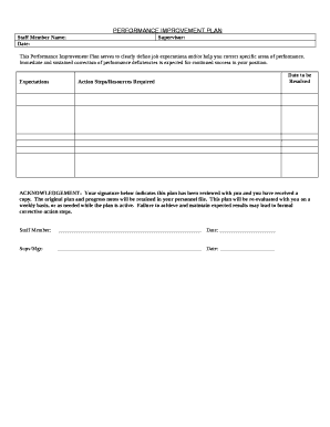 This Performance Improvement Plan serves to clearly define job expectations and/or help you correct specific areas of performance