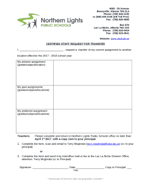 CERTIFIED STAFF REQUEST FOR TRANSFER