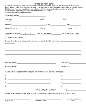 In order to submit your claim, you must complete this form and submit it to the Mayor of the Municipality within NINETY (90) days of the occurrence