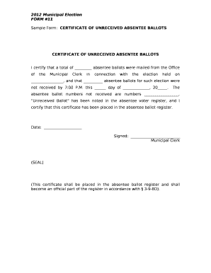 Sample Form:CERTIFICATE OF UNRECEIVED ABSENTEE BALLOTS