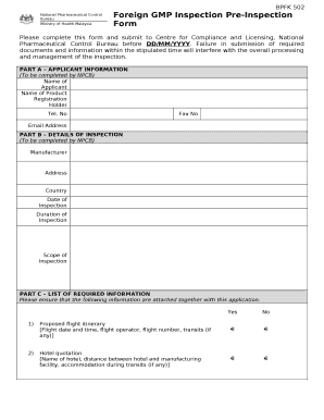 Foreign GMP Inspection Pre-Inspection Form