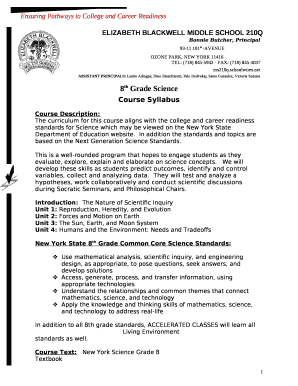 The curriculum for this course aligns with the college and career readiness standards for Science which may be viewed on the New York State Department of Education website