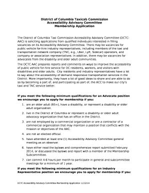 The District of Columbia Taxi Commission Accessibility Advisory Committee (DCTC-AAC) is soliciting applications from qualified individuals interested in filling vacancies on its Accessibility Advisory Committee template