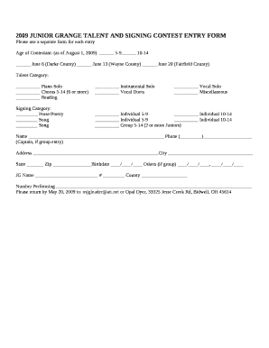 2009 JUNIOR GRANGE TALENT AND SIGNING CONTEST ENTRY FORM