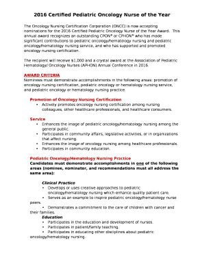 The Oncology Nursing Certification Corporation (ONCC) is now accepting nominations for the 2016 Certified Pediatric Oncology Nurse of the Year Award