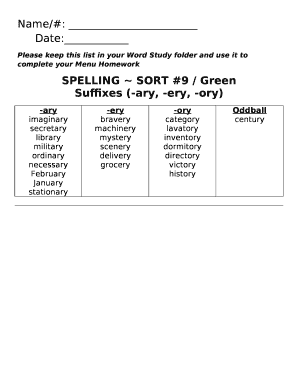 Spelling Sort Homework List