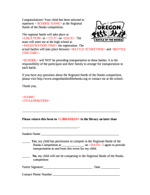 Your child has been selected to represent SCHOOL NAME at the Regional Battle of the Books competition