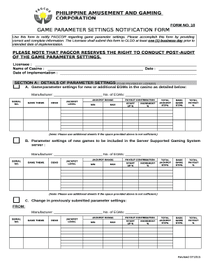 GAME PARAMETER SETTINGS NOTIFICATION FORM