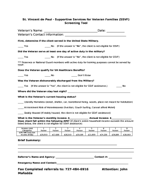Vincent de Paul - Supportive Services for Veteran Families (SSVF) Screening Tool