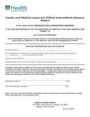 Family and Medical Leave Act (FMLA) Intermittent Absence Report