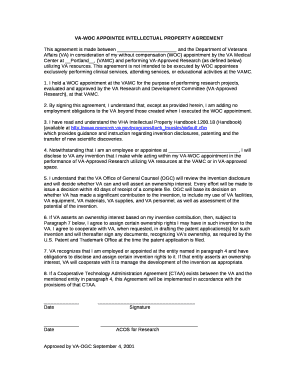 This agreement is made between and the Department of Veterans Affairs (VA) in consideration of my without compensation (WOC) appointment by the VA Medical Center at Portland, (VAMC) and performing VA-Approved Research (as defined below)