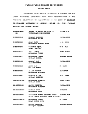 The Punjab Public Service Commission announces that the under mentioned candidates have been recommended to the Provincial Government for appointment to the posts of SUBJECT SPECIALIST GEOGRAPHY (MALE) BS-17 IN THE PUNJAB EDUCATION