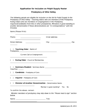 Application for Inclusion on Pulpit Supply Roster