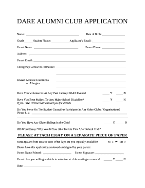 DARE ALUMNI CLUB APPLICATION
