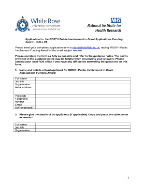 Application for the RDSYH Public Involvement in Grant Applications Funding Award CALL 23