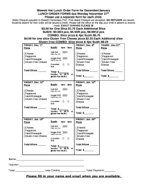 Blewett Hot Lunch Order for December/January template